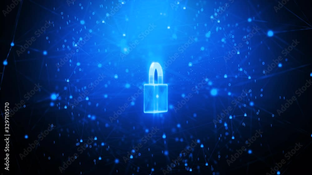 Poster 3d lock icon with random 0 1 binary digit number and connection chain background, for digital data g