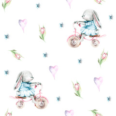 Hand drawing watercolor children's pattern Bunny on a bike, hearts and flowers. illustration isolated on white