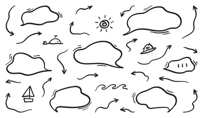 Arrows and balloon hand drawn doodle vector set.