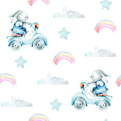 Dessin à la main motif aquarelle pour enfants Lapin sur un vélo et nuages, arc-en-ciel, étoiles. illustration isolé sur blanc