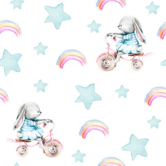 Hand drawing watercolor children's pattern Bunny on a bike, stars and rainbow. illustration isolated on white