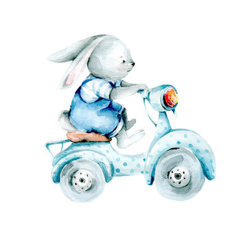 Bunny Boy On A Bike. Watercolor