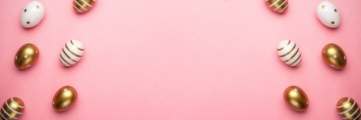 Easter basket with eggs isolated on pink. Greeting card trendy design. for you poster or flyer