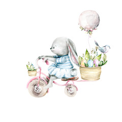 Hand drawing watercolor spring set of Bunny on a bike with an Easter basket with eggs and flowers. illustration isolated on white