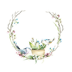 Hand drawing watercolor spring set with wreath, wild flowers, bird and branches. illustration isolated on white