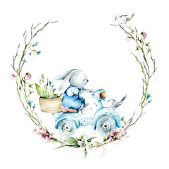 Hand drawing watercolor  set of Bunny on a bike with wreath with summer flowers, branches and leaves. illustration isolated on white