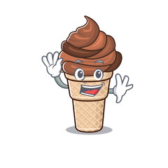 Smiley chocolate ice cream cartoon mascot design with waving hand