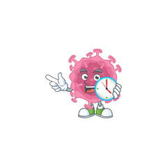 cartoon character style of cheerful corona virus parasite with clock