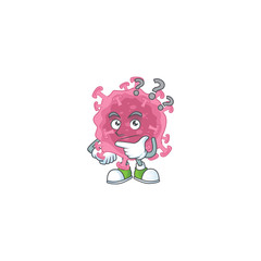 Cute corona virus parasite cartoon character using a microphone