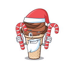 Friendly chocolate ice cream in Santa Cartoon character having candies