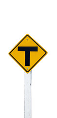 Road warning sign  -T- Intersection ahead on white background.