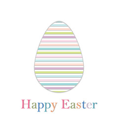 Egg close-up decorated in a multicolored small stripe on a white background, greeting text with multicolored letters present, vector, scrapbooking template and laser cutout, paper style