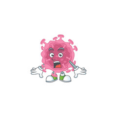 A mascot design of corona virus parasite making a surprised gesture