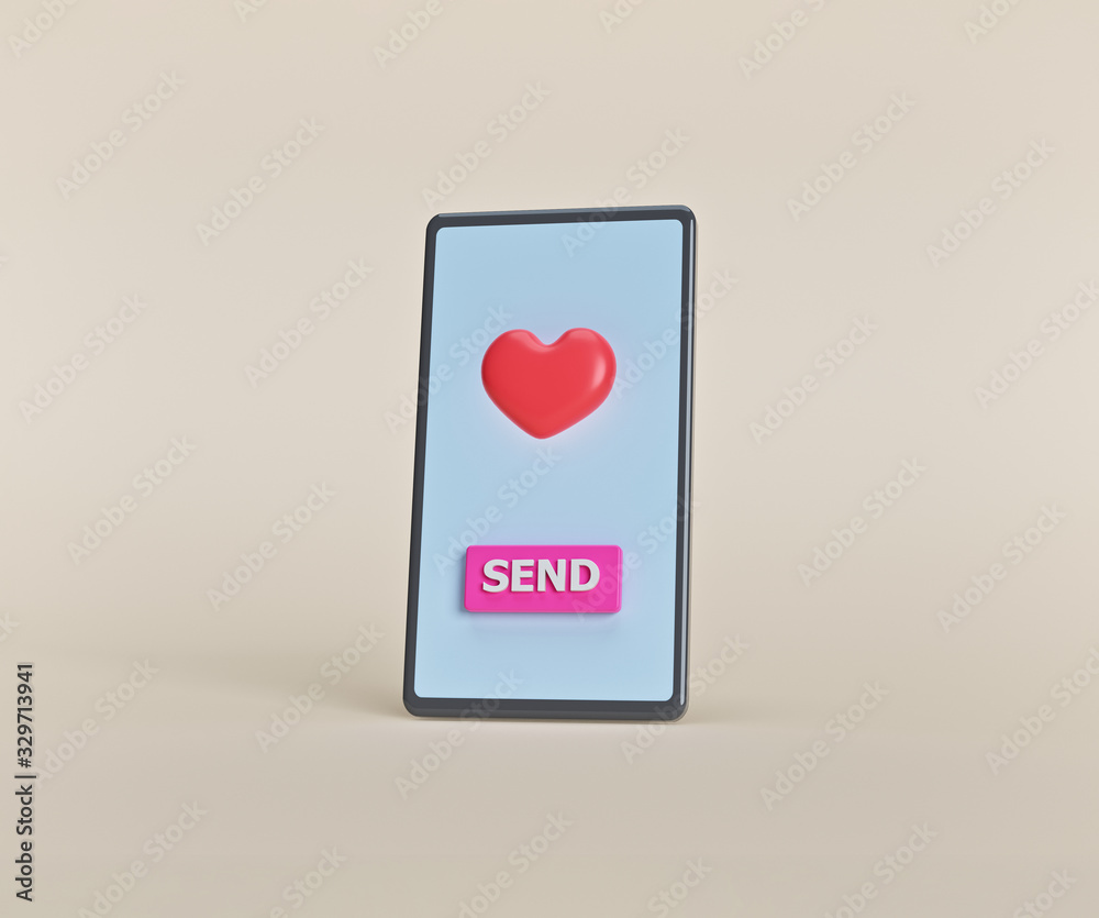 Poster heart in a smartphone with send button. sending love message concept. minimal style. 3d rendering
