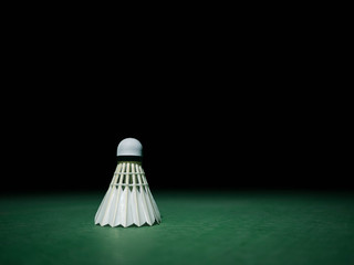 Badminton ball or shuttlecock located on the green ground with a black background. Concepts of victory or strength in training. There is space for copy space. Or enter various messages.