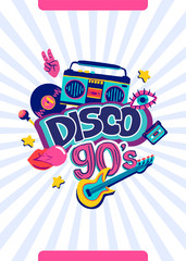 Retro party poster template with lettering. Nineties music, cartoon 90s style banner. Vector illustration