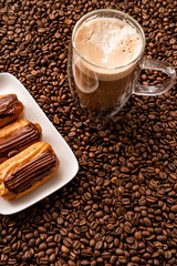 big Cup coffee, custard cake, background coffee