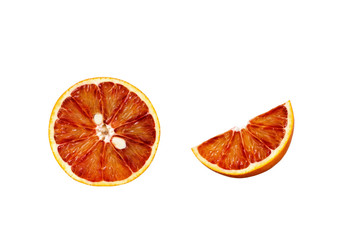 Round red blood orange fruit and a quarter slices isolated on white background, close-up