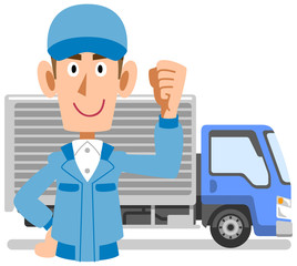 トラックの前でガッツポーズする作業着の男性の上半身