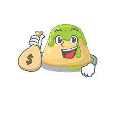 Smiley rich pudding green tea cartoon character bring money bags