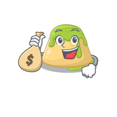 Smiley rich pudding green tea cartoon character bring money bags