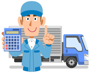 トラックの前で電卓を見せる作業着の男性