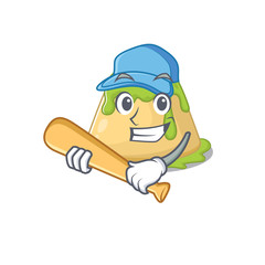 Mascot design style of pudding green tea with baseball stick