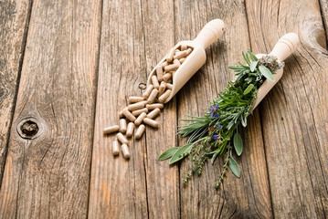 herbal plants and medicine capsules on old wooden