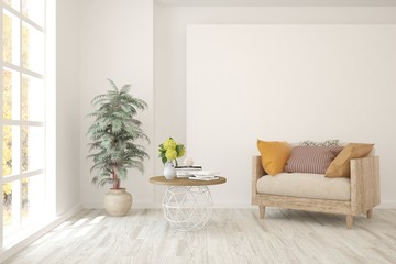 Stylish room in white color with armchair. Scandinavian interior design. 3D illustration