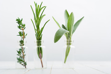 lavender, thyme and sage fresh herbal leaves in mini glass bottles, white wood table background