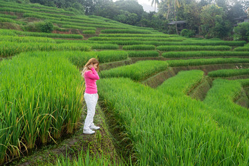 Asian woman in pink sweater standing in green rice terrace