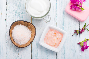 skin care products on white wood