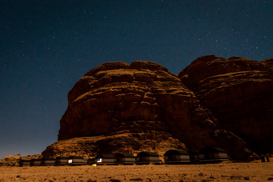 Bedouin Tent Camp Under The Stars Of Wadi Rum, Jordan, At Night