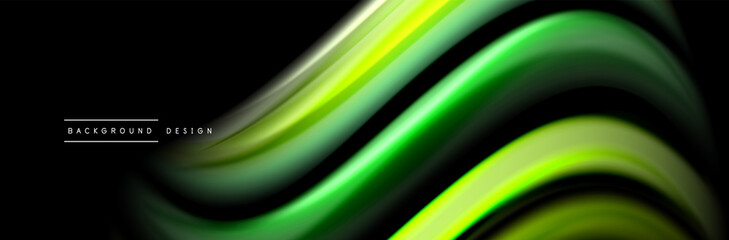 Silk and smooth flow wave poster design. Color waves, liquid style lines and shapes in black color background