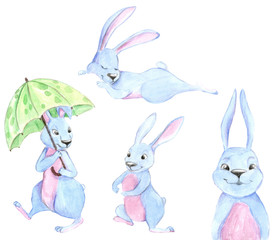 Obraz premium illustration of a blue rabbit is lying, a rabbit is holding an umbrella, a rabbit is walking