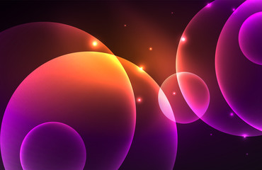 Neon shiny transparent glowing circles with light effects. Techno futuristic vector abstract background For Wallpaper, Banner, Background, Card, Book Illustration, landing page