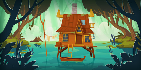 Stilt house in swamp with boat. Marsh landscape with old hut. Vector cartoon illustration of wild rain forest with lake, pond or bog with wooden house - obrazy, fototapety, plakaty