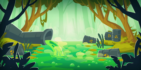 Dirty toxic swamp with wastewater pipe and barrels with radiation waste. Vector cartoon illustration of environment pollution, global ecology problem. Forest and marsh with garbage - obrazy, fototapety, plakaty