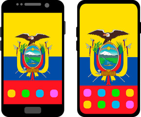 Two black smartphones with a home screen and wallpaper with the flag of Ecuador: old model with gray buttons and new model without buttons. Vector graphics, illustration