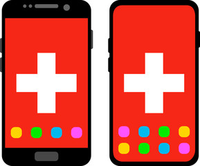 Obraz premium Two black smartphones with a home screen and wallpaper with the flag of Switzerland: old model with gray buttons and new model without buttons. Vector graphics, illustration