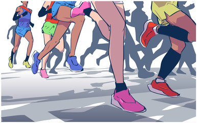 Illustration of marathon long short distance runners crowd people