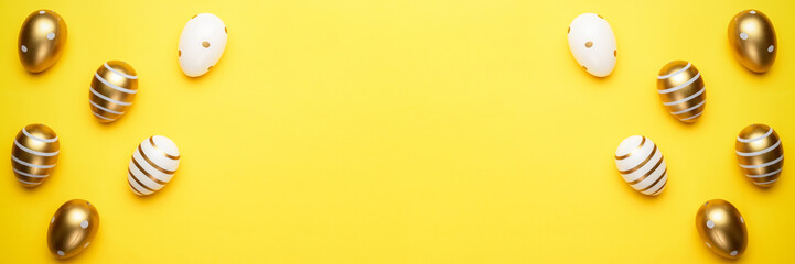 Happy Easter eggs yellow background. Golden shine decorated eggs in basket, for greeting card, promotion, poster.