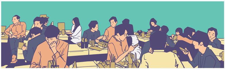 Illustration of group of people friends students conversation studying in pub bar restaurant izakaya