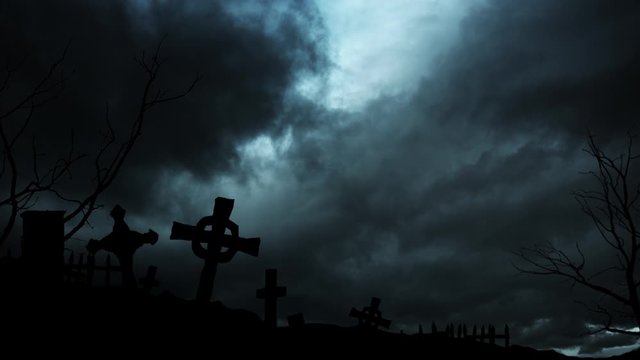 Cemetery at night during thunderstorm. Aftermath of global epidemic