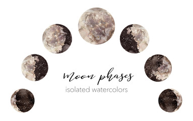 Watercolor moon phases illustration. Hand drawn elements for cosmic design. Various space objects isolated on white background.
