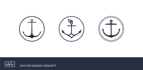 Set of anchor emblems with circular rope frame. Modern minimal flat design style. Simple logotype templates. Vector illustration. © DDOK