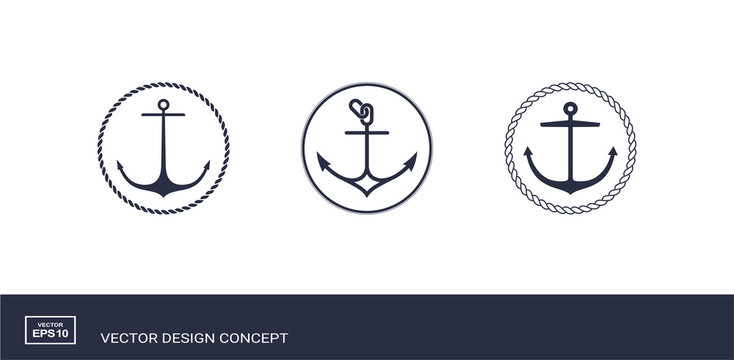 Set of anchor emblems with circular rope frame. Modern minimal flat design style. Simple logotype templates. Vector illustration.