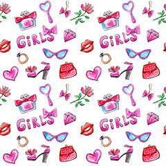 Cute Girls' Stuff Seamless Pattern. Watercolor Sketches Doodle Style. Funny Sweet Design for Wrapping Paper, Textile, Scrapbooking. Girly Things Concept