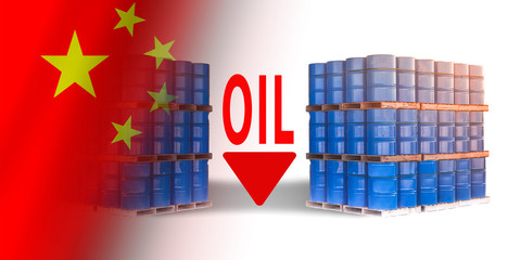 Fototapeta premium Flag of China. Blue barrels as a symbol of oil products. Concept
