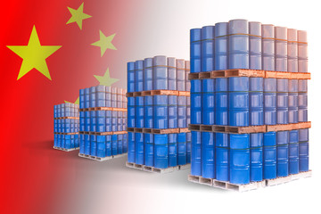 Oil warehouse on the background of the flag of China. Blue barre